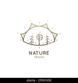 Vektor-Logo der Natur Elemente isoliert in linearen Stil. Skizzieren Sie Ikonen Landschaft mit Bäumen und Sonne - Business-Embleme, Abzeichen für eine Reise, Landwirtschaft Stock Vektor