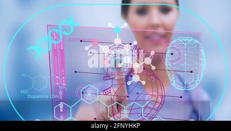 Zusammensetzung der weiblichen Arzt berühren Bildschirm mit medizinischen Daten und Symbole Stockfoto