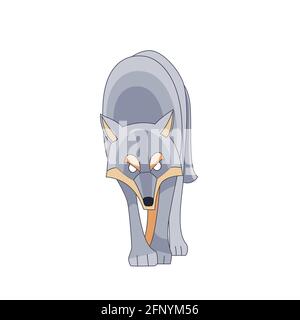 Wolf schaut und geht gerade. Cartoon-Charakter eines gefährlichen Säugetier Tier. Ein wildes Waldgeschöpf mit braunem Fell. Vorderansicht. Vektor flach Stock Vektor