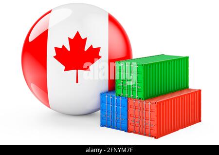 Frachtcontainer mit kanadischer Flagge. Frachtversand in Kanada, 3D-Rendering isoliert auf weißem Hintergrund Stockfoto