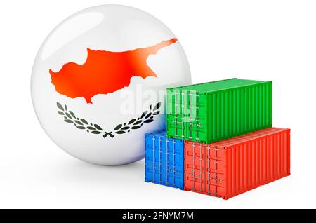 Frachtcontainer mit zypriotischer Flagge. Frachtversand in Zypern, 3D-Rendering isoliert auf weißem Hintergrund Stockfoto