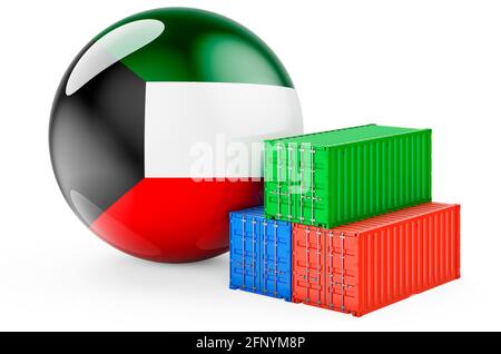 Frachtcontainer mit kuwaitischer Flagge. Frachtversand in Kuwait, 3D-Rendering isoliert auf weißem Hintergrund Stockfoto