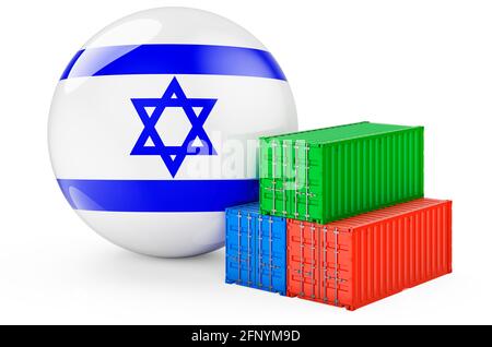 Frachtcontainer mit israelischer Flagge. Frachtversand in Israel, 3D-Rendering isoliert auf weißem Hintergrund Stockfoto