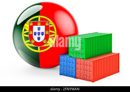 Frachtcontainer mit portugiesischer Flagge. Frachtversand in Portugal, 3D-Rendering isoliert auf weißem Hintergrund Stockfoto