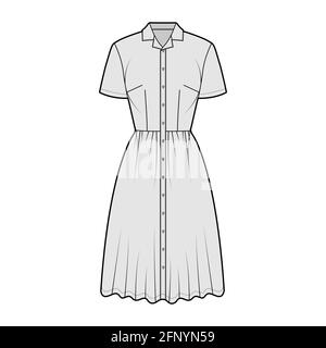 Kleid Hemd technische Mode Illustration mit kurzen Ärmeln, Camp Kragen, taillierten Körper, knielangen Rock, Knopfverschluss. Flatwear vorne, hinten, farblich. Frauen, Männer Unisex-CAD-Modell Stock Vektor