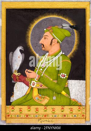 Kaiser Muhammad Shah (1702-1748), 13. Moghul-Kaiser (1719-1747), mit Falken, Porträtgemälde von Muhammad Rizavi Hindi, 1700-1799 Stockfoto