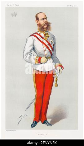 Franz Joseph I. von Österreich (1830-1916), Kaiser von Österreich und der Österreichisch-Ungarischen Monarchie (1848-1916), lithographische Karikatur von Peter, 1877 Stockfoto