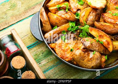 Appetitliches Hühnerfleisch mit Kartoffeln in einer Pfanne gebraten.Hühnerstücke Gebacken mit Gemüse Stockfoto