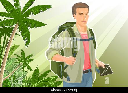 Netter Junge Tourist mit einem Tablet-Navigator. Rucksack. Vor dem Hintergrund einer wunderschönen Landschaft. Dschungel, Palmen und Sonnenstrahlen. Ein Mann auf Reisen. Flach Stock Vektor