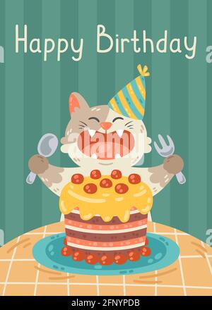 Alles gute zum Geburtstag Grußkarte mit Katze, Kuchen, Partyhut. Der Kitty öffnete seinen Mund, um den Geburtstagskuchen mit einer Gabel und einem Löffel zu essen. Vektorgrafik Stock Vektor