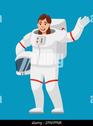 Weibliche Astronautin winkt mit der Hand. Frau im Cartoon-Stil. Stock Vektor