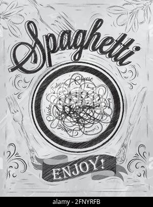 Poster Lettering Spaghetti viel Spaß! Im Retro-Stil stilisierte Zeichnung mit Aufschrift Kohle Stock Vektor