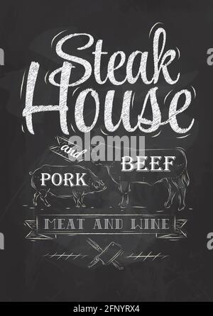 Poster Steak House Kreidezeichnung mit einem Schwein und einem Kuh in Form von Buchstaben Stock Vektor