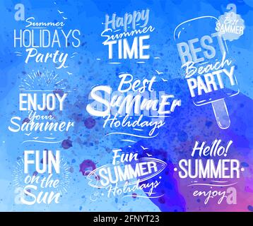 Sommer Set im Retro-Stil in der Form Schriftzug mit Text, hallo Sommer, besten Sommerurlaub auf hellblauen Aquarell-Hintergrund. Stock Vektor