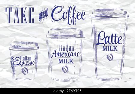 Set von Kaffee Trinkbecher Größen im Vintage-Stil stilisiert Zeichnung eines blauen Stifts auf ein zerknittertes Papier Stock Vektor
