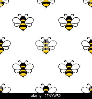Nahtloses Muster mit fliegenden Bienen. Vektor Cartoon schwarz und gelb Bienen auf weißem Hintergrund isoliert. Stock Vektor