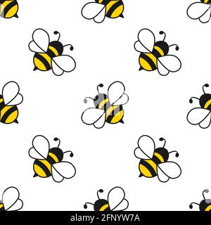 Nahtloses Muster mit fliegenden Bienen. Vektor Cartoon schwarz und gelb Bienen auf weißem Hintergrund isoliert. Stock Vektor