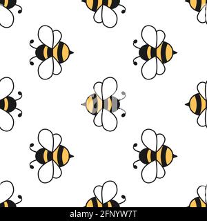 Nahtloses Muster mit fliegenden Bienen. Vektor Cartoon schwarz und gelb Bienen auf weißem Hintergrund isoliert. Stock Vektor