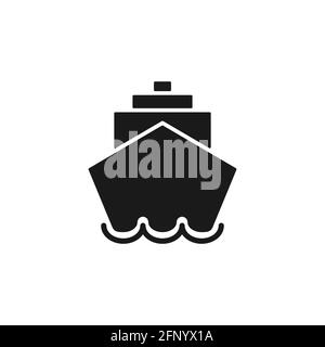 Schwarzes Schiffssymbol. Kreuzfahrt Silhouette Schild. Symbol für Meer- und Seetransport. Vorderansicht. Vektor auf Weiß isoliert Stock Vektor