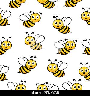 Nahtloses Muster mit fliegenden Bienen. Vektor Cartoon schwarz und gelb Bienen auf weißem Hintergrund isoliert. Stock Vektor