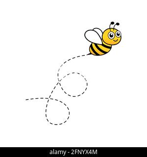 Cartoon Biene Symbol. Bienen fliegen auf einer gepunkteten Route, isoliert auf dem weißen Hintergrund. Tierischer fröhlicher Charakter. Vektorgrafik. Stock Vektor