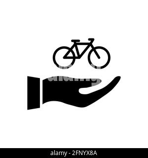 Handschutz für das Fahrrad. Schwarze Hand gibt Fahrrad. Geschenk Fahrrad Silhouette Konzept. Vektor auf Weiß isoliert Stock Vektor