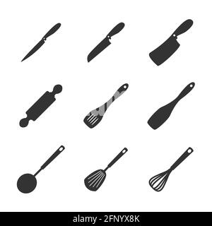 Küchengeräte Icon Set. Kochen Silhouette schwarzen Elementen. Symbole zum Abendessen. Vektordarstellung isoliert Stock Vektor