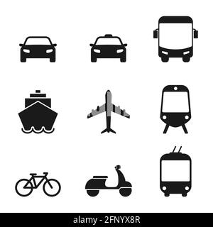 Transportsymbol eingestellt. Taxi Auto, Flugzeug, öffentlicher Bus, Fahrrad, Roller, Schilder für Trolleybus, Bahn, Schiff und Auto Stock Vektor