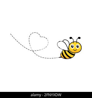 Cartoon Biene Symbol. Pfad mit gepunkteten Linien. Fröhlicher, schöner Bienencharakter. Vektordarstellung auf weißem Hintergrund isoliert. Stock Vektor