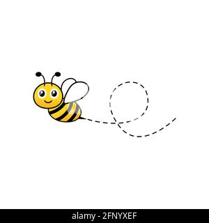 Cartoon Biene Symbol. Bienen fliegen auf einer gepunkteten Route, isoliert auf dem weißen Hintergrund. Tierischer fröhlicher Charakter. Vektorgrafik. Stock Vektor