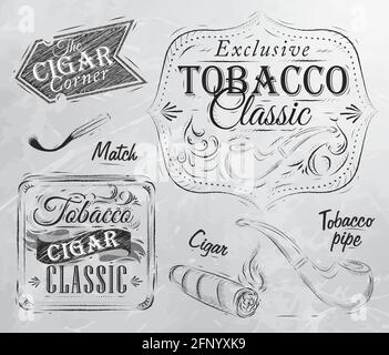 Set Sammlung auf Tabak und Rauchen eine Packung Zigaretten Vintage Tabak Zigarre, Pfeife, alle Rauchen stilisiert für die Zeichnung in Kohle an Bord Stock Vektor