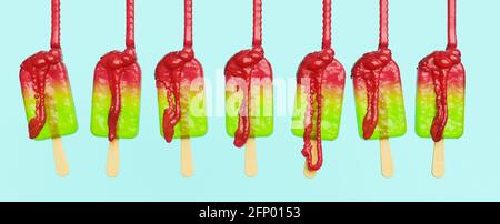 Eis Lolly mit Farbverlauf und viskosen Süßigkeiten fallen auf sie. 3d-Rendering Stockfoto