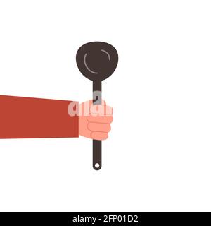 Schöpfkelle in der Hand, Abbildung auf weißem Hintergrund. Stockfoto