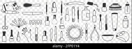 Ausrüstung für Maniküre Doodle Set. Sammlung von handgezeichneten verschiedenen Werkzeugen als Nagellack-Maschinen Lampen Schere für die professionelle Maniküre im Schönheitssalon isoliert auf transparentem Hintergrund Stock Vektor