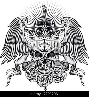 Gothic Schild mit Totenkopf und Kreuz, grunge T-Shirts im Vintage-Design Stock Vektor