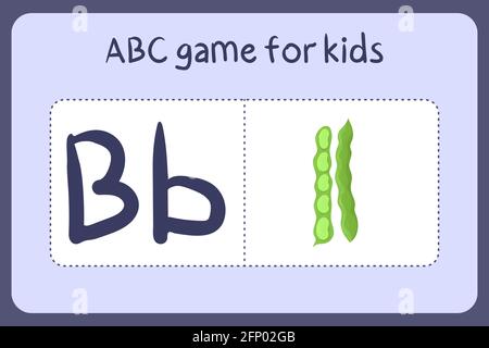 Kind Alphabet Mini-Spiele im Cartoon-Stil mit Buchstabe B - Bohne. Vektor-Illustration für Spiel-Design - Schneiden und spielen. Lerne abc mit Flash-Karten für Obst und Gemüse. Stock Vektor