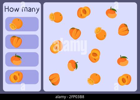 Kids mathematische Mini-Spiel - zählen, wie viele Früchte - Orange, Kakimmon, Mandarine, Aprikose. Pädagogische Spiele für Kinder. Cartoon Design Vorlage auf bunten Hintergrund. Vektorgrafik. Stock Vektor