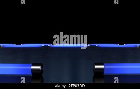 Eine schwarze, reflektierende Bühneneinstellung mit silbernen Designs, die von beleuchtet werden Eine kreisförmige Anordnung von blauen Neon-Leuchtstofflampen - 3D Rendern Stockfoto
