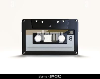 Ein Konzept, das eine alte Audiokassette auf einem zeigt Isolierter Hintergrund - 3D-Rendering Stockfoto