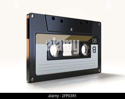 Ein Konzept, das eine alte Audiokassette auf einem zeigt Isolierter Hintergrund - 3D-Rendering Stockfoto