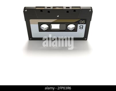 Ein Konzept, das eine alte Audiokassette auf einem zeigt Isolierter Hintergrund - 3D-Rendering Stockfoto