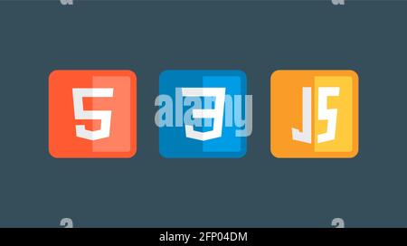 HTML5 CSS3 JS-Symbolsatz. Web-Entwicklung Logo Icon Set von HTML, css und javascript, Programmierung Symbol Stock Vektor