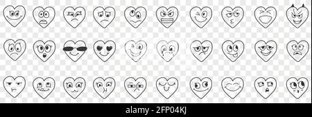 Herz Mimik Doodle Set. Sammlung von Hand gezeichnet verschiedene glückliche und traurige Ausdrücke auf Herzen Gesicht in Reihen isoliert auf transparentem Hintergrund Stock Vektor