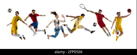 Collage von verschiedenen professionellen Sportlern, passen Menschen in Aktion und Bewegung isoliert auf weißem Hintergrund. Flyer. Stockfoto