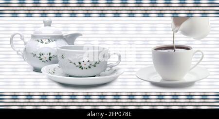 Tee-Kaffeetasse mit Kanne Illustration Bild auf weißer Farbe Verwendung auf der Oberfläche für keramische Wandfliesen und Tapeten Stockfoto