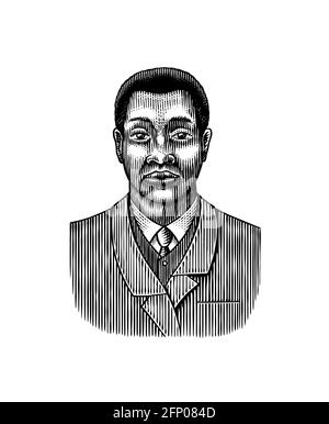 Eleganter Mann. Männliches Gesicht. Afroamerikanische Herren. Viktorianische Zeit. Mode und Kleidung. Geschäftsmann im Anzug. Handgezeichnet Alte Skizze. Vintage graviert Stock Vektor