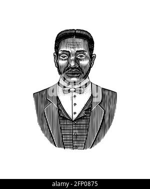 Eleganter Mann. Männliches Gesicht. Afroamerikanische Herren. Viktorianische Zeit. Mode und Kleidung. Geschäftsmann im Anzug. Handgezeichnet Alte Skizze. Vintage graviert Stock Vektor