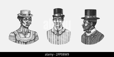 Elegante Frau und Mann. Männliches Gesicht. Afro American Lady und Gentlemen in einem zylindrischen Hut. Viktorianische Zeit. Mode und Kleidung. Handgezeichnet Alte Skizze Stock Vektor