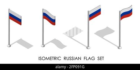 Isometrische Flagge der Russischen Föderation in statischer Position und in Bewegung auf Fahnenmast. 3d-Vektor Stock Vektor