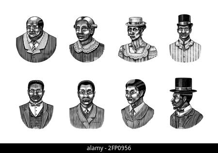 Eleganter Mann. Männliches Gesicht. afroamerikanische Herren. Viktorianische Zeit. Mode und Kleidung. Geschäftsmann im Anzug. Handgezeichnet Alte Skizze. Vintage graviert Stock Vektor